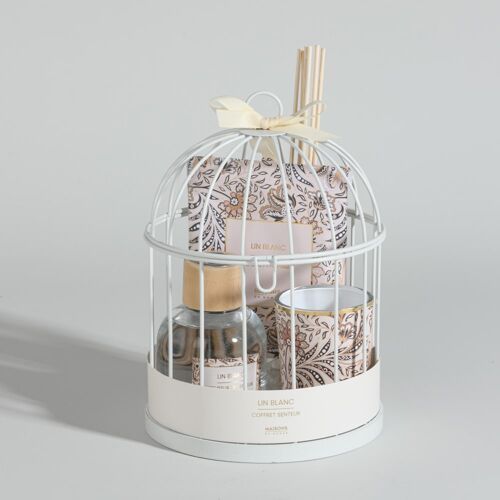 Diffuseur en verre (50ml), sachet et bougie parfumés voile de coton et support cage en acier blanc