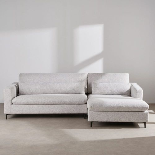 Canapé d'angle droit 4/5 places avec têtières relevables en textile tramé gris