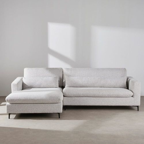 Canapé d'angle gauche 4/5 places avec têtières relevables en textile tramé gris