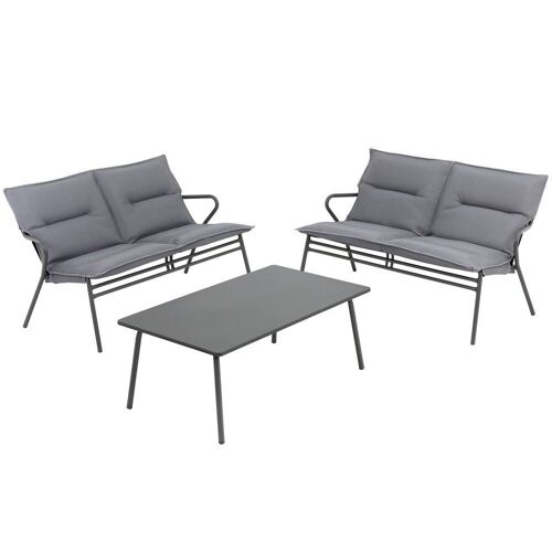 Ensemble 1 table basse rectangle et 2 banquettes en acier gris