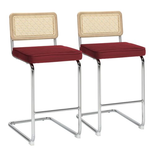 Lot de 2 chaises hautes en acier et velours bordeaux