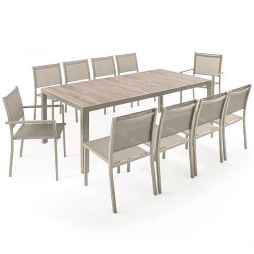 Table De Jardin Céramique Effet Bois 206 Cm Et 10 Chaises Crème