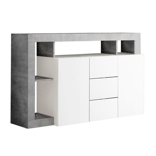 Buffet 2 portes 3 tiroirs blanc laqué encadrement niches aspect cimen