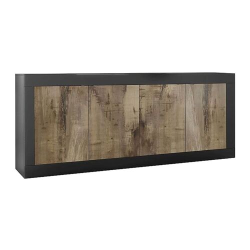 Buffet 4 portes finition noir mat et aspect bois antik