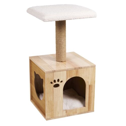 Arbre à chat en bois de chêne et bouclettes blanches