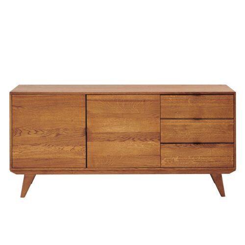 Buffet bas rétro en bois chêne 2 portes 3 tiroirs L160 noir