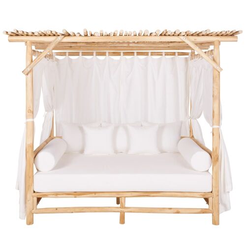 Lit À  Baldaquin D'extérieur En Bois De Teck, Voile Blanc Et Coussins Blancs