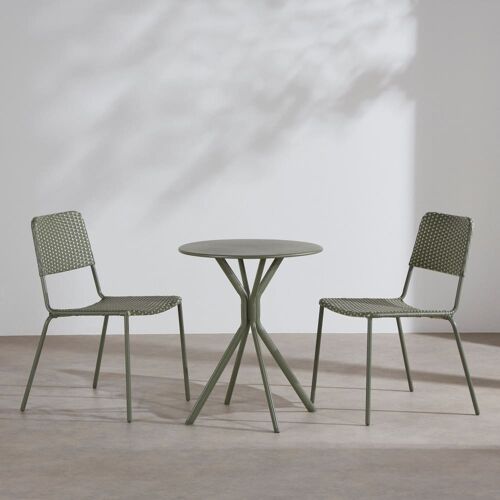 Ensemble Table Et 2 Chaises De Jardin En Acier Et Résine Tressée Verte