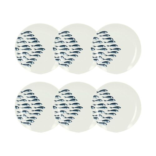 Lot De 6 Assiettes À  Dessert Motif Marin En Porcelaine 20cm