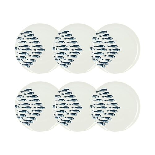 Lot De 6 Assiettes Plates Motif Marin En Porcelaine 26,5cm