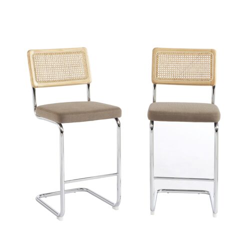 Lot de 2 tabourets mi-hauts cannage velours côtelé grège