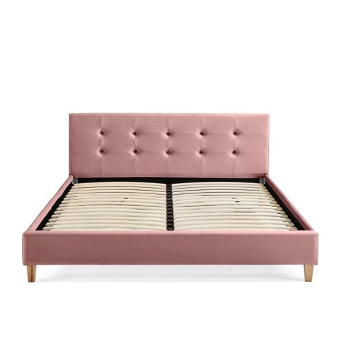 Lit 140x190 en velours avec pieds en bois rose poudré