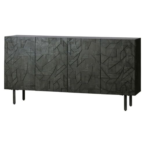 Buffet bas 4 portes sculptées en bois et métal noir 160x40x83cm