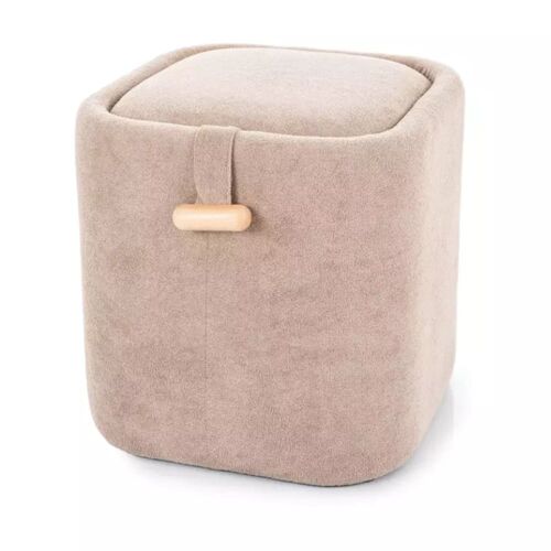 Pouf tissu beige poignée bois rangement 37x37x42cm