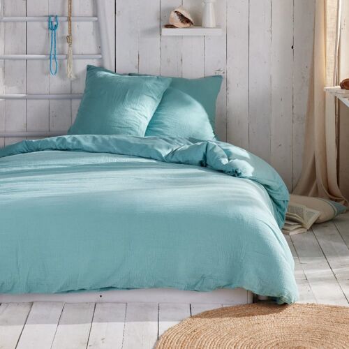 Parure De Lit Gaze De Coton Unie 240x220cm Bleu