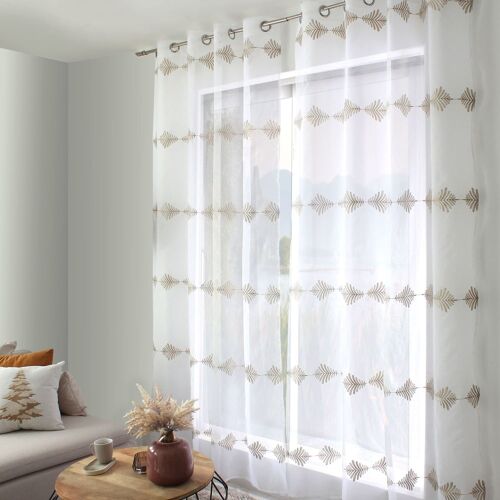 Voilage Brodé Horizontal Blanc Et Beige 140 X 240 Cm