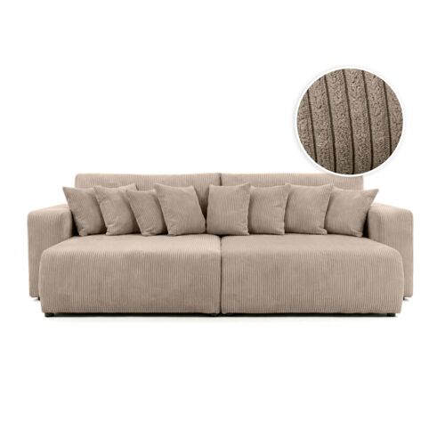 Canapé droit 4 places avec double méridienne en velours côtelé taupe