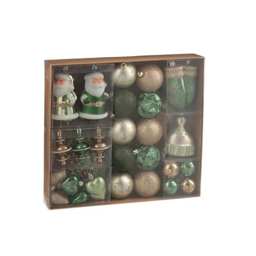 Boîte de 45 décorations de Noël en plastique vert 30x6x30 cm