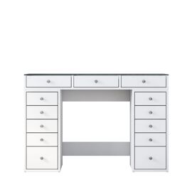 Coiffeuse 13 tiroirs avec plateau en verre L120cm - Blanc