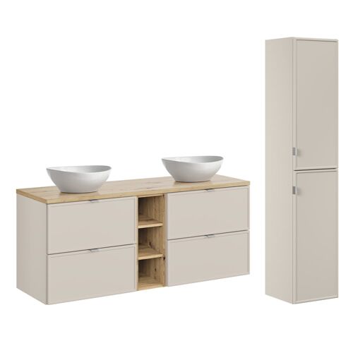 Ensemble meuble double vasque 3 niches colonne stratifiés beige
