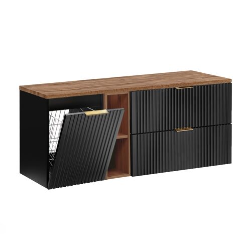 Meuble sous-vasque panier à  linge stratifiés noir et beige