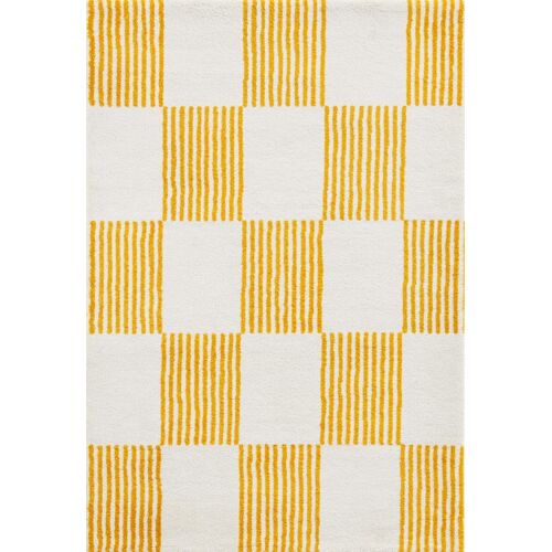 Tapis Vintage Style Année 70 Damier Rayures Jaune 240x340