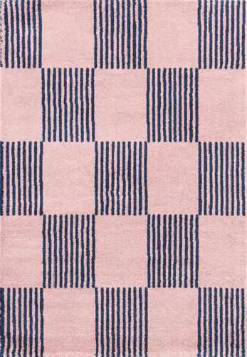 Tapis Vintage Style Année 70 Damier Rayures Bleu - 80x140