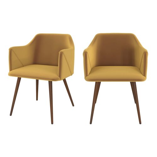 Lot de 2 chaises avec accoudoirs en velours jaune moutarde