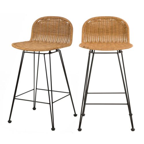 Lot de 2 chaises de bar mi-hauteur 63 cm en résine tressée marron