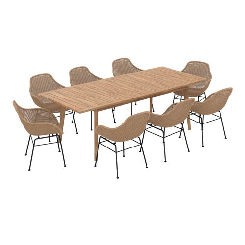 Table Et Chaises De Jardin 8 Personnes En Bois De Teck, Résine Tressée