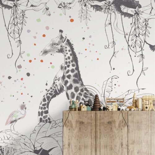 Papier peint panoramique enfant Scènes girafes, Gris clair 3