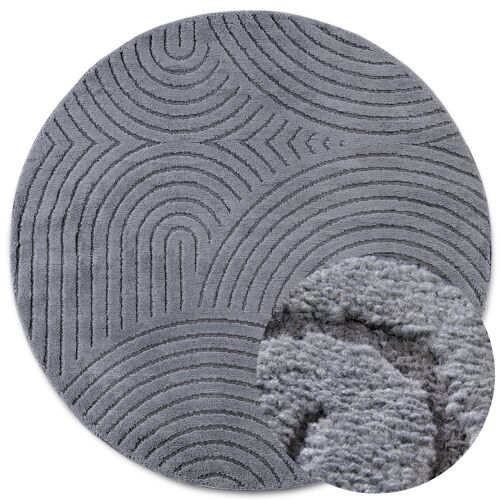 Tapis Rond Poils Longs En Relief Gris 200x200cm - Elle Decoration