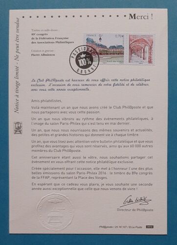 Document Philatélique - 89è Congrès De La Ffap - Place Des Vosges - Paris 2016