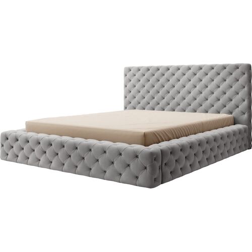 Lit 180x200 capitonné en velours luxe avec coffre, gris,