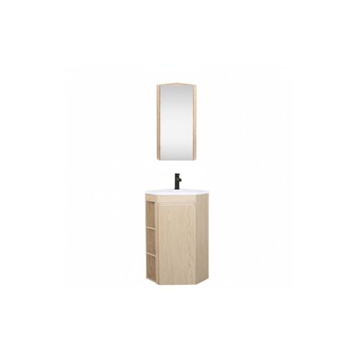 Meuble d'angle sur pieds avec vasque, robinet et armoire miroir