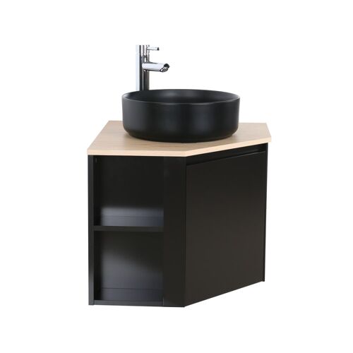 Ensemble meuble sous vasque d'angle + vasque noire + robinet