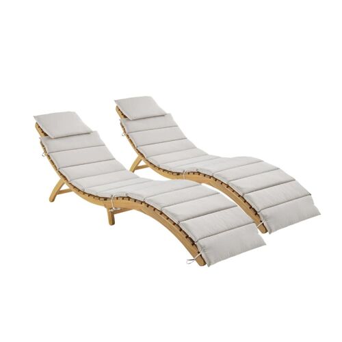 Lot De 2 Bains De Soleil En Bois D'acacia Coussin Beige En Polyester