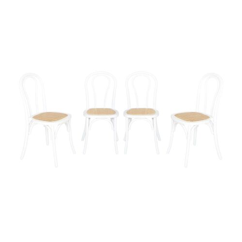 Lot de 4 chaises vintage en bois avec assise en rotin, blanc