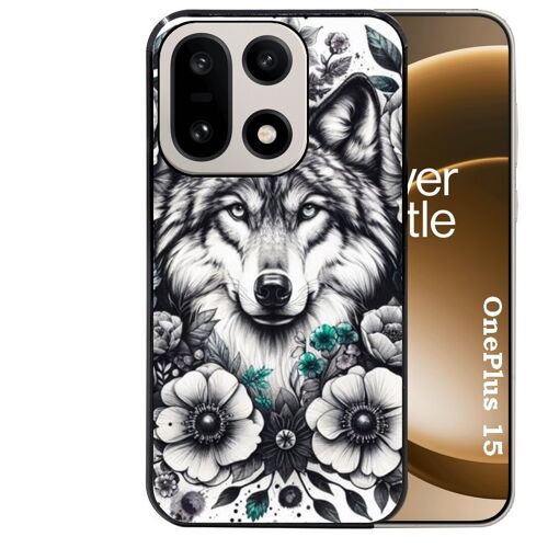Coque noire Taperso pour OnePlus 15 avec motif loup et fleur