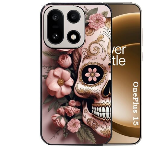 Coque noire Taperso pour OnePlus 15 avec motif tete de mort calavera rose