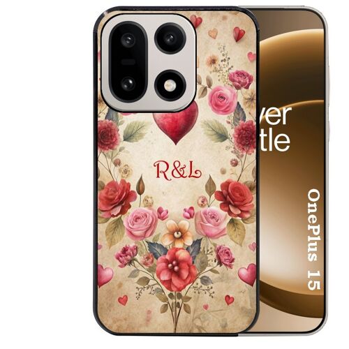 Coque noire Taperso pour OnePlus 15 avec motif coeur vintage et initiales personnalisee