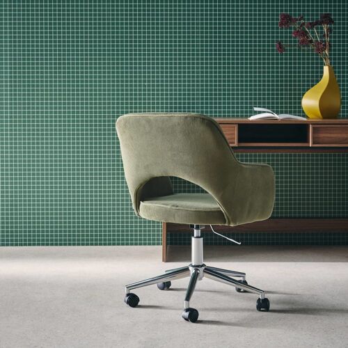 Chaise de bureau à  roulettes velours côtelé kaki et chromé