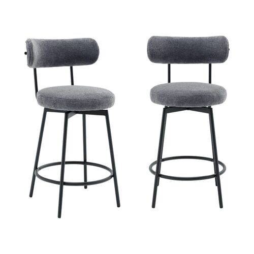 Tabouret de bar assise rotative métal noir et tissu gris (lot de 2)