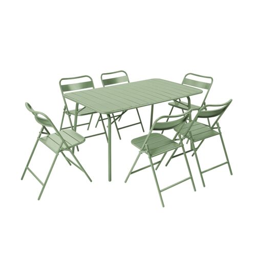 Table De Jardin Pliante Métal + 6 Assises Vert 140cm