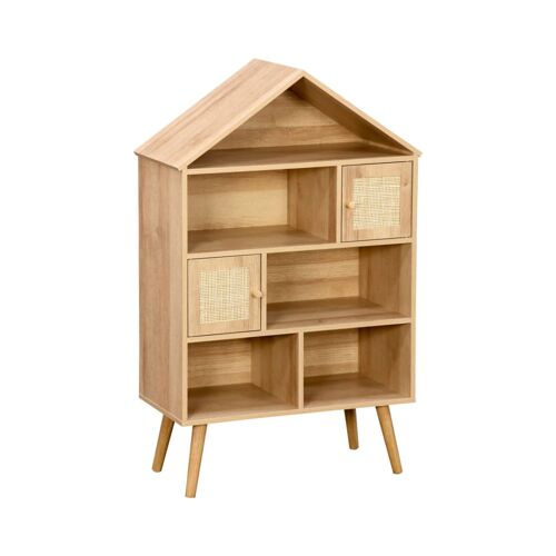 Etagère bibliothèque décor bois, pieds en pin, cannage