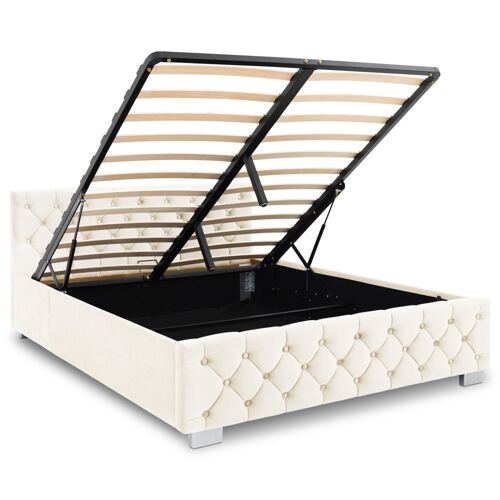 Lit coffre 160x200 rembourré en velours avec sommier, blanc crème
