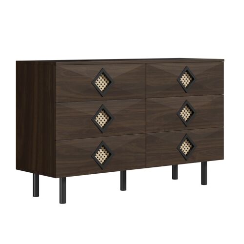 Buffet en bois foncé avec 6 tiroirs et détails en rotin
