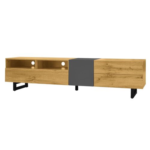 Meuble TV bois chêne et porte grise avec pieds métal noir
