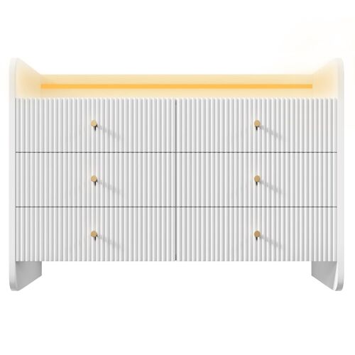 Commode blanc motif cannelé 6 tiroirs avec éclairage LED poignets