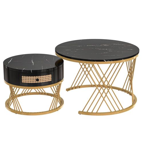 Ensemble de 2 tables basses gigognes rondes effet marbre noir et rotin
